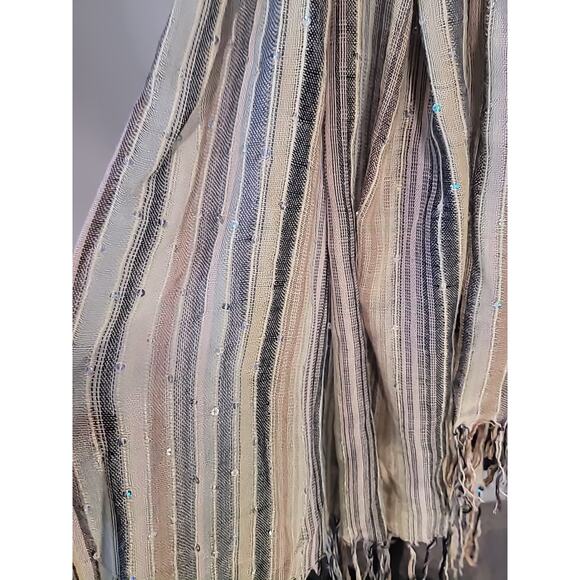 Beige Striped Fringe Scarf Sparkle Accents Boho Coastal Classic Fall EUC - Picture 2 of 4